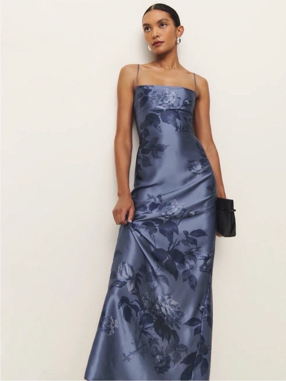 Reformation Slate Blue Floral Satin Slip Maxi Dress